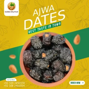 Premium Ajwa Dates Gold Class by Golden Dry Fruit – Fresh, high-quality Ajwa Khajoor with health benefits and fast delivery in Pakistan.